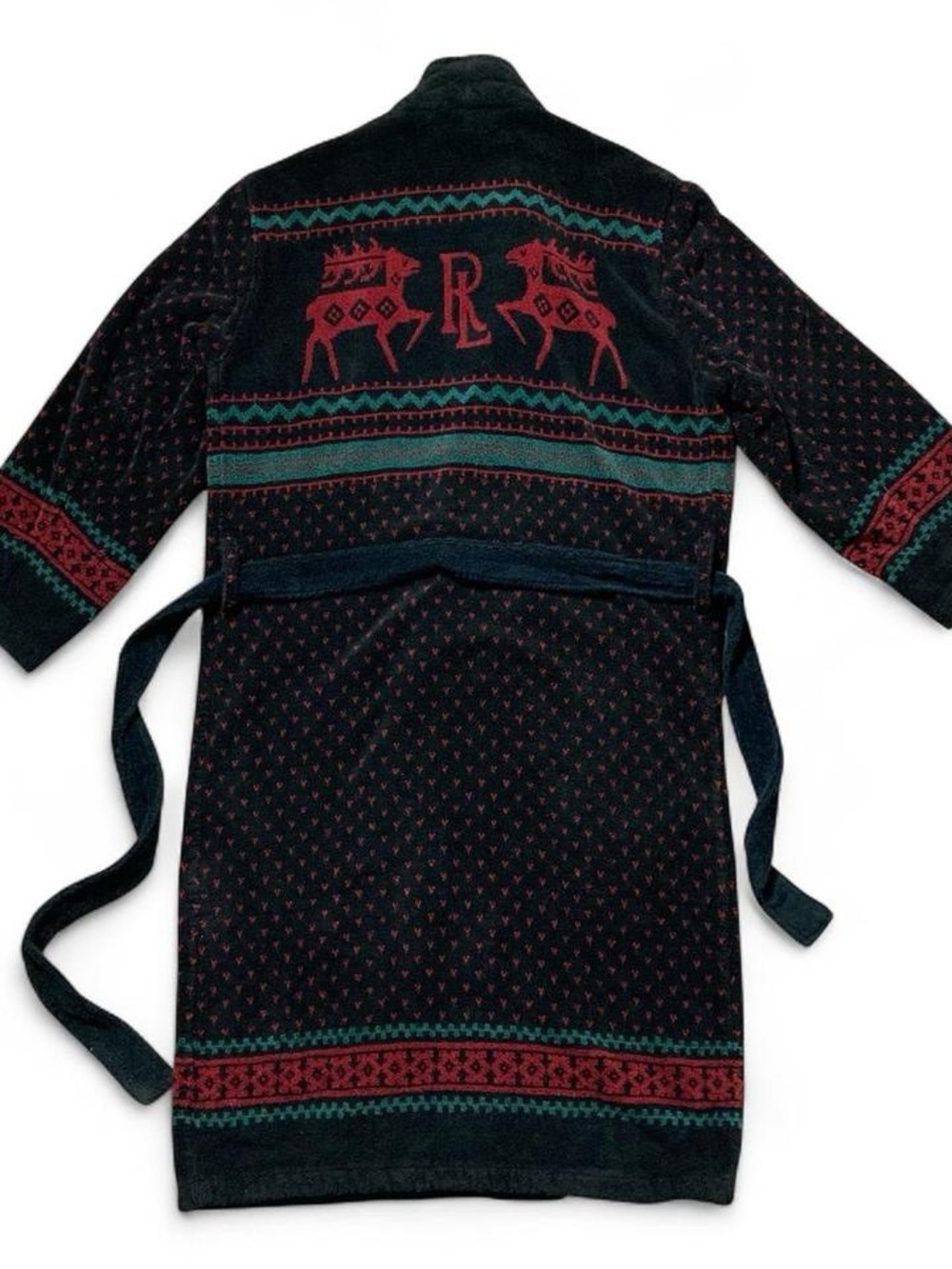 Vintage Polo Ralph Lauren Reindeer Fair Isle Fleece Bathrobe Black